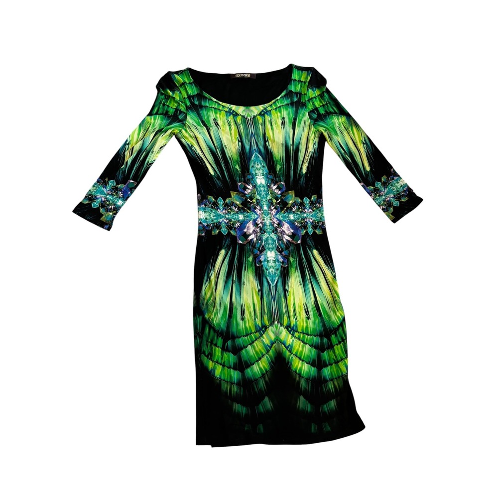 Roberto Cavalli Sheath Dress Small 38 Green Black Crystal Kaleidoscope Bodycon